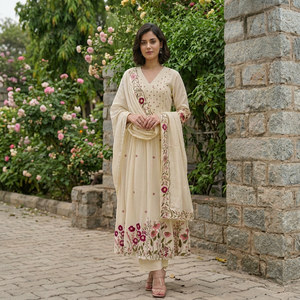 Salwar Kameez brodé crème avec motif floral, coupe ample, longueur cheville, tenue traditionnelle indienne et pakistanaise pour femmes - Product Image 1
