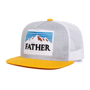Gorra Trucker Bordada Father Mountain, Gris y Amarilla, Malla Ajustable, Unisex, Diseño de 6 Paneles - Product Image 1