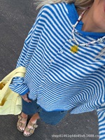 Nouveau pull décontracté tricoté et crocheté à rayures coréennes, boutonné, col rond ample et respirant pour femme