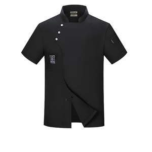 Unisex <b>Short</b> <b>Sleeve</b> Chef <b>Jacket</b> Black Button Closure Restaurant Kitchen Uniform for Men and Women - Product Image 3