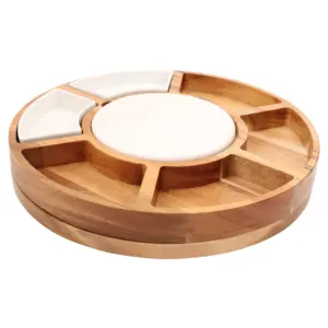 Tábua giratória de madeira acácia, conjunto de placa de corte redonda para servir queijo preguiçoso