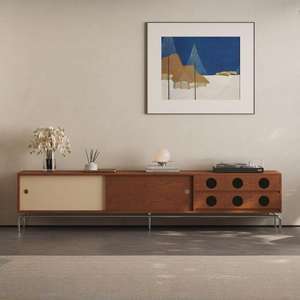 Meuble TV en bois massif de style vintage, color-block, beige, unité de rangement rétro nordique, meuble audiovisuel pour salon - Product Image 1