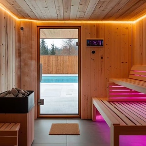 Nhà tắm hơi gỗ rắn mộc mạc cho khu vườn biệt thự bao gồm phòng xông hơi bằng điện với vòi hoa sen và lắp đặt dễ dàng - Product Image 1