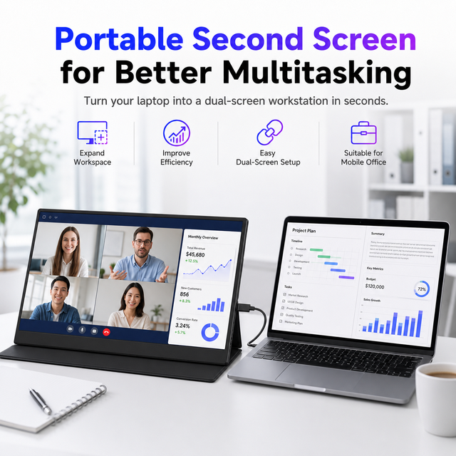 15.6" Portable Laptop Monitor Extender FHD IPS External Screen USB C Mini HDMI Foldable Dual Screen for Travel Office