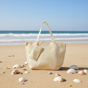 Borsa da spiaggia in lino a quadretti con stampa oro 57x37x17cm con piccola tracolla per nuoto e immersioni - Product Image 2