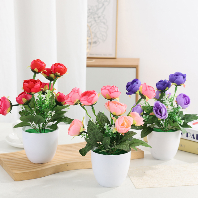 Small Artificial Potted Rose Plant with 8 Blooms for Home Decor