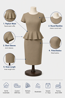 Robe fourreau peplum à col rond et manches courtes 250 GSM pour femme, longueur genou, professionnelle, opaque, avec logo personnalisé, OEM, vente en gros