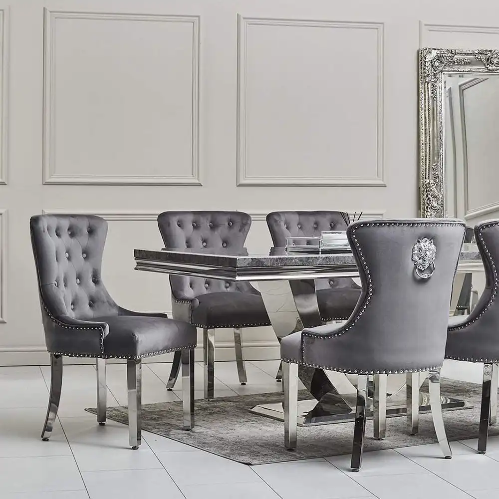 Conjunto de sala de jantar, jogo de sala de jantar luxuoso, cromado ou prata, em aço inoxidável, com cadeiras de chelmar, veludo, cravejado, cadeira de jantar