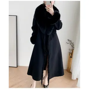 Wholesale Black Long Fur Cashmere Trench Coat Winter Women Fashion Belt Tassel Woolen Real Fox Fur Collar Cuffs Jacket