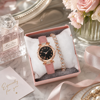 Set Perhiasan Jam Tangan Wanita 2 Buah Mewah Jam Tangan Kuarsa Berlian Imitasi Bunga Campuran Emas Mawar Gelang Kristal Hati Hadiah Fashion