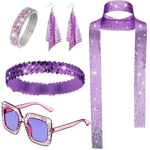 Disco Accessories Women's <b>Sequin</b> Scarf Earrings Bracelet Sunglasses Crystal Rhinestone Party Costume Jewelry Set - Product Image 4