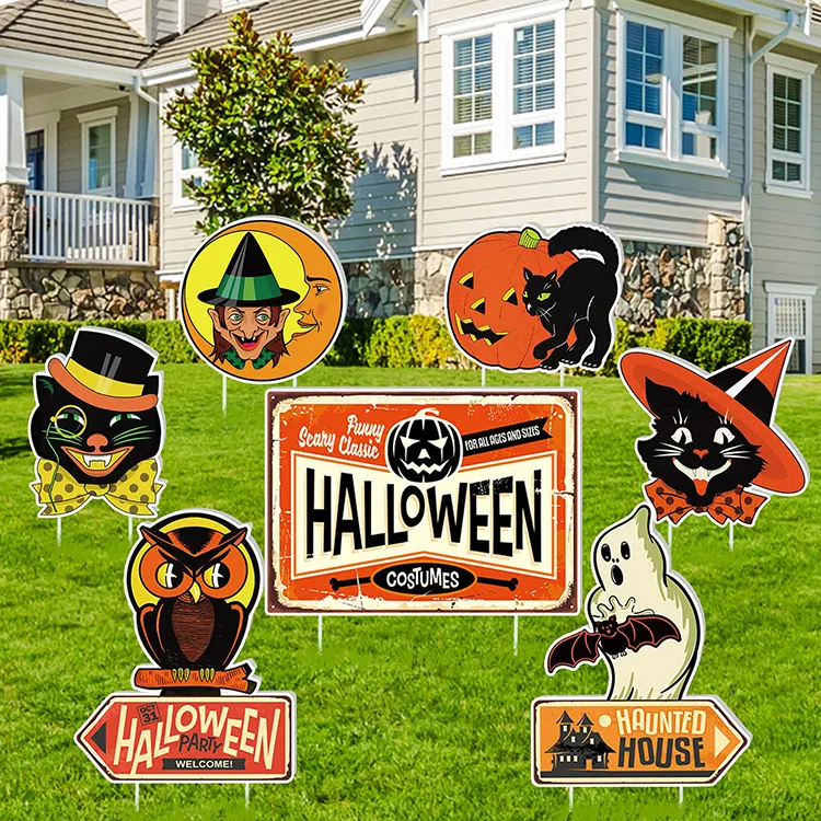 Sinal de estaca para jardim ao ar livre personalizado, sinal de Halloween vintage com gato preto e abóbora fantasma, decoração para festa de Halloween, sinais de quintal