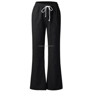 Pantaloni da <span class=keywords><strong>donna</strong></span> personalizzati 100% <span class=keywords><strong>lino</strong></span>, vestibilità ampia, antipiega, traspiranti, bianchi, casual da spiaggia, a gamba larga dritta, stile frontale piatto - Product Image 4