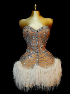<span class=keywords><strong>Vestido</strong></span> Strapless Nude para <span class=keywords><strong>Drag</strong></span> <span class=keywords><strong>Queen</strong></span>, Mini <span class=keywords><strong>Vestido</strong></span> con Flecos y Pedrería, Traje de Baile Personalizado para Showgirls - Product Image 1