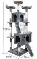 Arbre d'activités pour chat en peluche grise, grande tanière pour chat, plusieurs zones de repos, jouet interactif suspendu pour chat, poteaux à gratter en sisal pour usage domestique