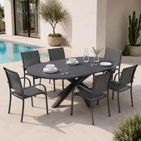 Table de jardin extensible ovale HOMFUL, plateau à lattes, aluminium noir, mobilier d'extérieur pour jardin, terrasse et cour.