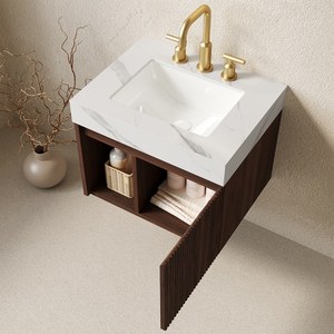 Mobile Bagno <span class=keywords><strong>EIDEN</strong></span> 24 Pollici con Lavabo, Armadietto Sospeso, Top in Pietra Sinterizzata Bianco Carrara e Lavabo in Ceramica con 3 Fori Pre-forati - Product Image 2