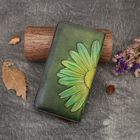Dompet Pendek Unisex Kulit Asli Retro Flowers dengan Ritsleting, Lapisan Poliester, Gaya Bohemian