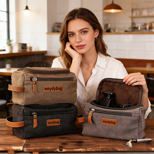 Sac de toilette en toile et <span class=keywords><strong>cuir</strong></span> de luxe avec logo personnalisé, organiseur de rasage pour <span class=keywords><strong>homme</strong></span>, sac cosmétique minimaliste, sac de voyage imperméable - Product Image 6