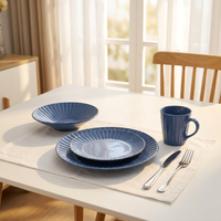 Service de table en grès cannelé bleu cobalt 16 pièces - Compatible four, micro-ondes et lave-vaisselle - Assiettes, bols et tasses en céramique de style européen