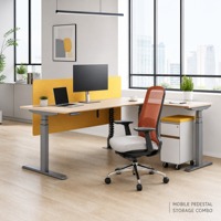 Bureau debout avec tiroirs, armoire de rangement et socle mobile combiné