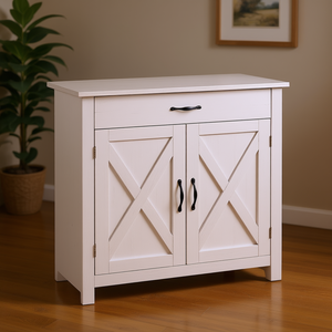 Mobiletto in Stile Rustico Bianco Anticato da 32 Pollici con Ante Scorrevoli, Organizzatore per Soggiorno e Cucina, Mobile in Legno Massello - Product Image 2
