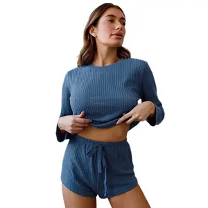 High Quality Pj Sets for Women Two Piece Crew Neck Long Sleeve Comfortable Shorts Home Wear Women Pajamas Set
