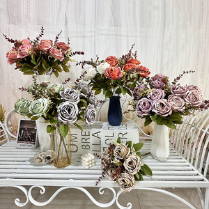 ดอกกุหลาบไหมประดิษฐ์ 11 หัว ลายดิ้นทอง สำหรับตกแต่งบ้าน งานแต่งงาน - Product Image 2