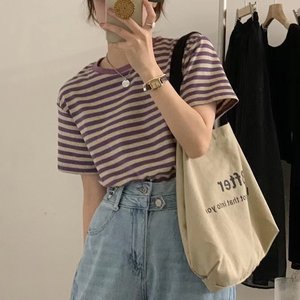时尚女式t恤纯棉氨纶混纺t恤定制标签短袖o领时尚条纹t恤 - Product Image 2