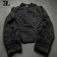 Veste Bomber en Jean Délavé Style Napoléon LARSUR, Coupe Slim, Col Montant, pour Moto, Veste Hussar en Jean Court