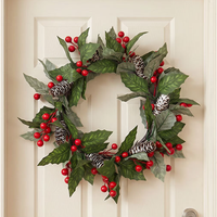 Guirlande de Noël artificielle avec baies rouges, cônes de pin, feuilles de houx, guirlande de porte d'entrée pour les fêtes d'hiver, décoration murale et de fenêtre pour la maison