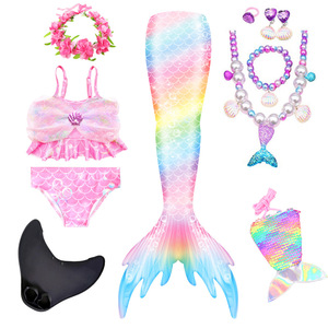 Costume da bagno bikini a coda di sirena per bambine con motivo arcobaleno in garza e finitura metallizzata, set 2 pezzi per bambini - Product Image 1