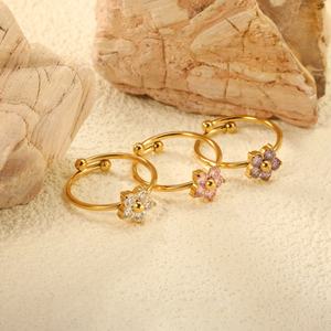 Wholesale 18K Gold Plated Stainless Steel <b>Opened</b> Adjustable <b>Ring</b> Colorful Cubic Zircon Trendy Jewelry Flower <b>Rings</b> for Women - Product Image 2