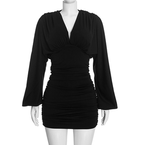 Robe moulante courte plissée à col en V et manches longues, couleur unie, style décontracté, nouvelle collection automne pour femme Viviblook C26DS420 - Product Image 1