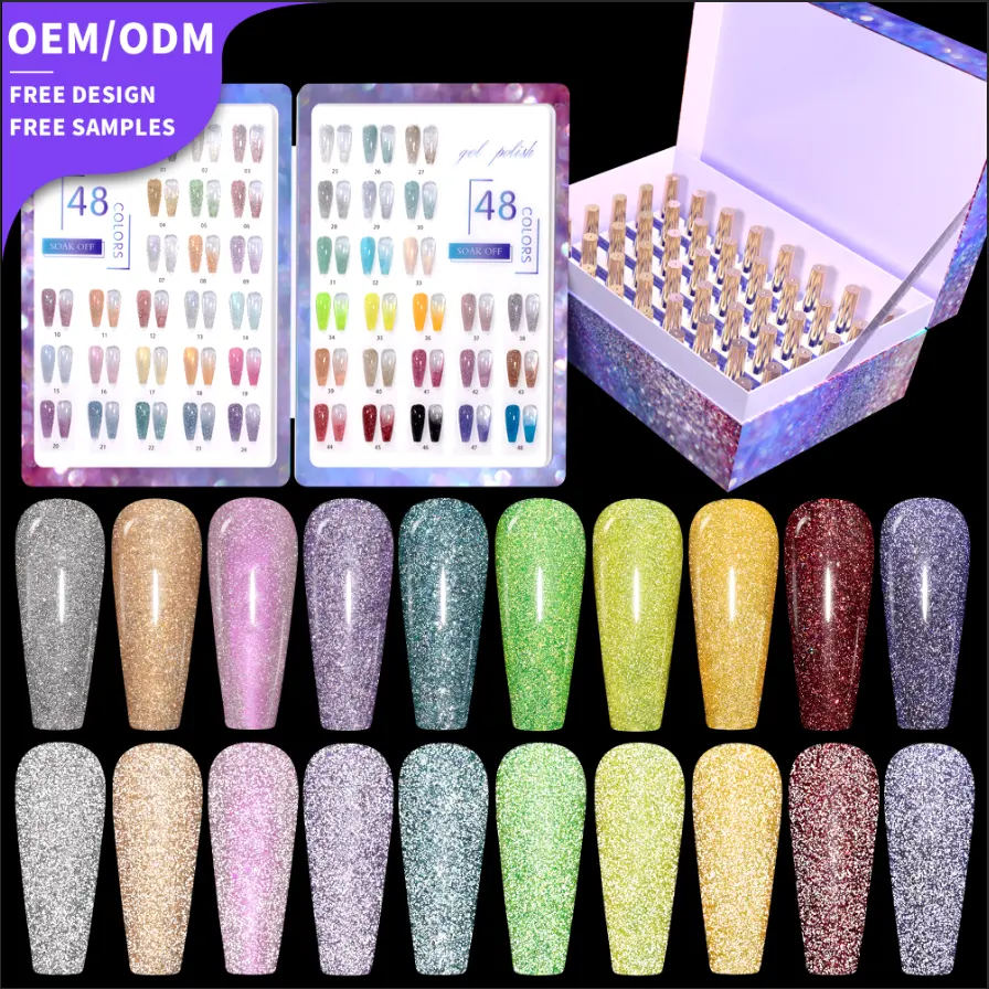 Vendeeni 48 Colors Set Reflective Gel Glitter Gel Private Label With Free Regular Polish Nail Supplies Nail Gel Set