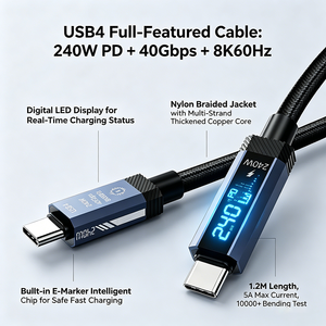 Câble USB4 Type-C vers Type-C 240W PD Charge Rapide 40 Gbps 8K60Hz Affichage LED Tressé en Nylon pour Ordinateur Portable et Téléphone - Product Image 3