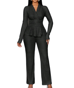 Women's Elegant 2 Piece Rib <b>Knit</b> <b>Set</b> Long Sleeve V Neck Top With Ruffles And Wide Leg Pants Solid Color All Seasons Wear - Product Image 1