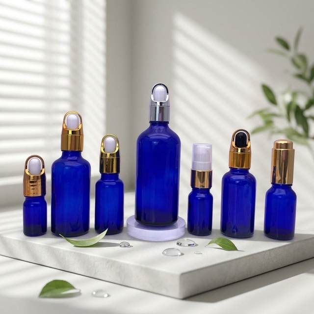In-stock Blue Glass Essential Oil Bottles, Multi-capacity Cosmetic Bottles, and Blue Glass Essential Oil Dispensing Bottles