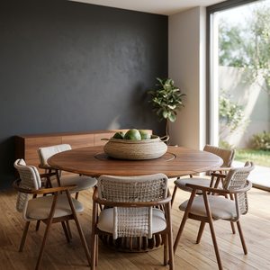 Juego de Comedor Redondo de Madera de Teca Escandinava de Lujo con Sillas con Brazos de Cuerda, Muebles Modernos para Comedor de Hotel y Restaurante - Product Image 3