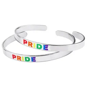 Yiwu-brazalete abierto de acero inoxidable Aceon Velle, grabado en blanco, letras coloridas, esmalte de arco iris, palabra Pride