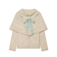 Nouvelle Collection Automne Hiver 2026 – Cardigan Cape en Maille Beige pour Femme avec Nœud Papillon Vert Menthe et Boutons, Pull Élégant à Manches Longues Tressé – Vente en Gros