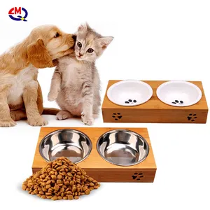 Pet Food Bowl Cat shape Wooden Stand Bamboo Stand With Stainless Steel or Ceramic Bowl for Small Animal Puppy and Cat