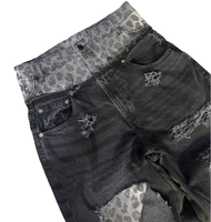 Jean baggy noir délavé pour homme, imprimé léopard, patchwork, effet usé, coupe large, style streetwear