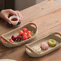 Panier de service ovale en céramique avec poignées en corde tressée, en grès beige mat, pour fruits et pain, décoration de table à thé Japandi