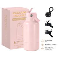 Bouteille d'eau isotherme en acier inoxydable 32 oz, logo personnalisé, anti-fuite, gourde sport avec bouchons interchangeables pour boissons chaudes et froides
