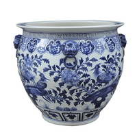 Grand bol à poissons en porcelaine bleu et blanc antique, peint à la main, motif Phénix et Pivoine, avec poignées en forme de lion, pour la décoration intérieure