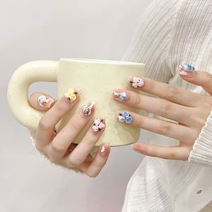 เล็บทรงสี่เหลี่ยมอัลมอนด์สั้นสีทึบพิมพ์ลายคาเมลเลีย - Product Image 2