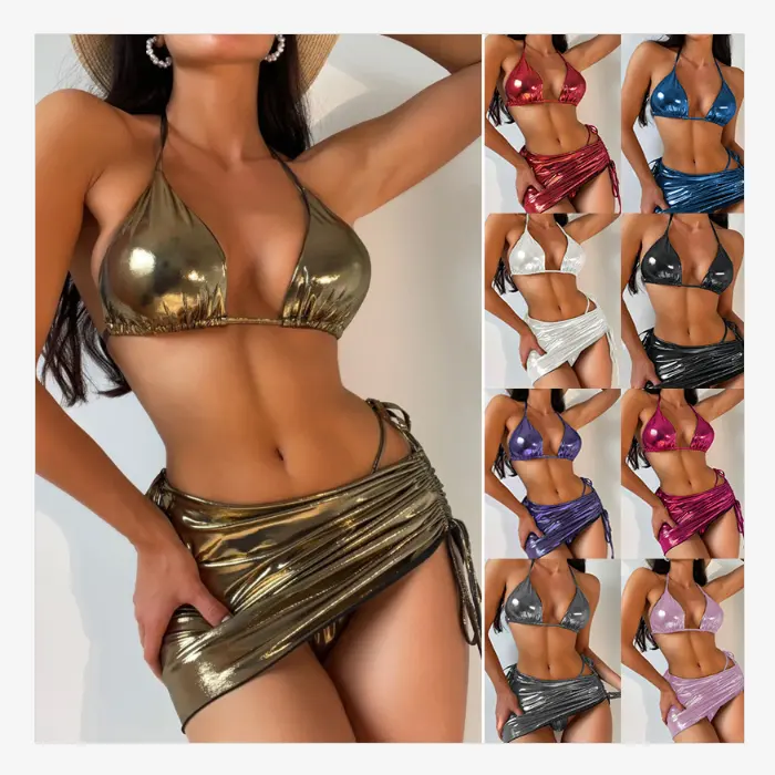 2023 New designer bright sexy bikini swim abbigliamento donna metallic glitter micro halter bikini con cover up