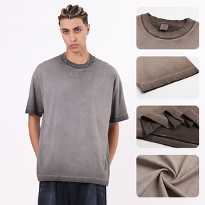 T-shirts en coton de haute qualité pour hommes, bords usés, coutures inversées, épaules tombantes, manches courtes - Product Image 2