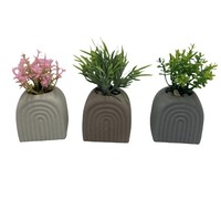 Petit pot à fleurs rond en ciment émaillé européen fait à la main pour une utilisation en intérieur/extérieur avec plante verte en plastique